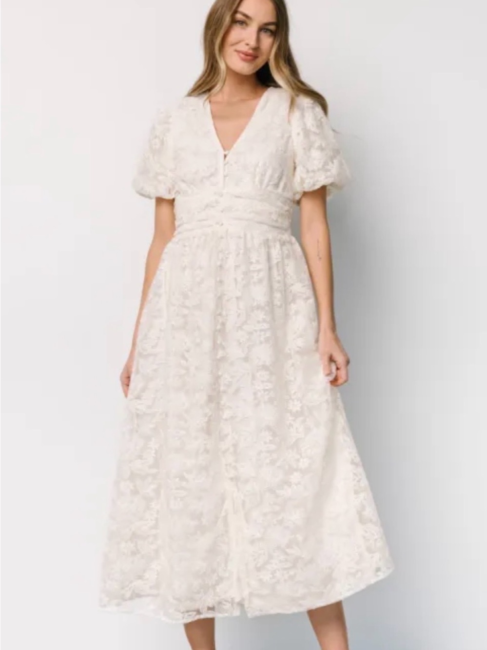 Baltic Born Cream Floral Lace Midi Dress with Puff Sleeves